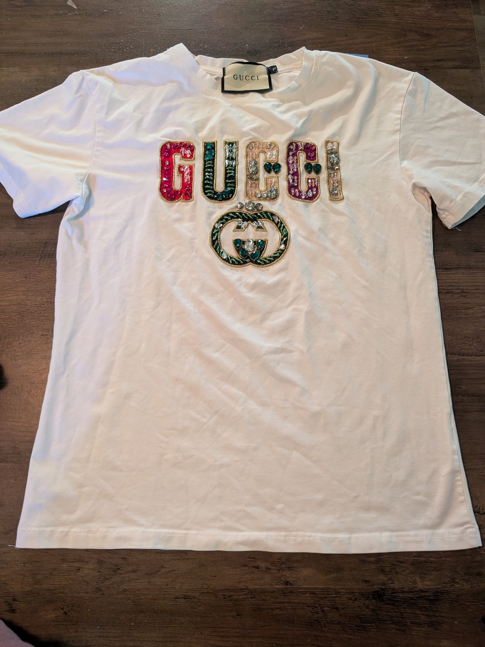 Gucci White Tee with Multicolor Jeweled Logo